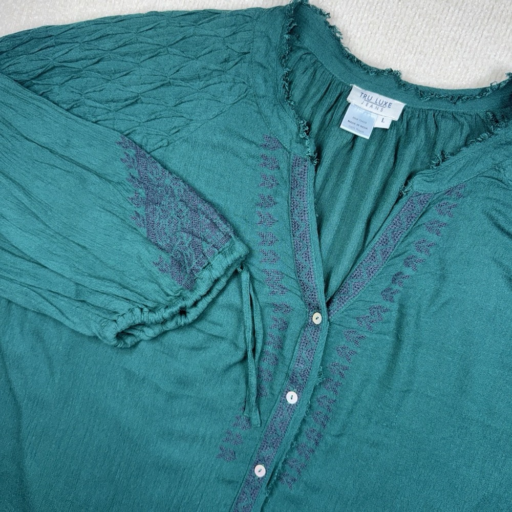 Tru Luxe Jeans Green Large‎ Tunic Shirt Peasant Boho Raw Hem Blue Embroidered